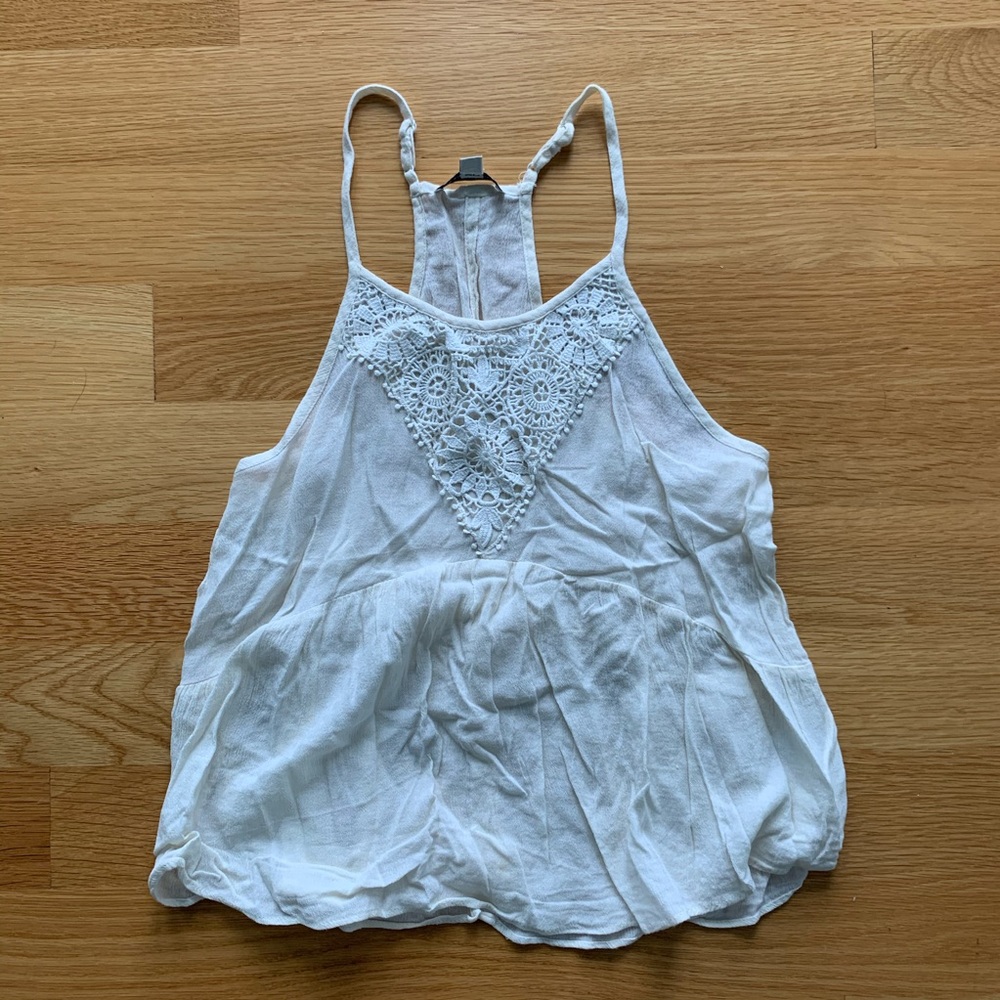 American Eagle crepe high neck top, crochet detail